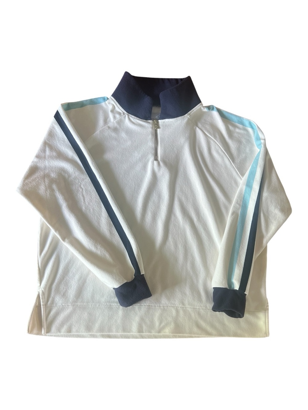 🪡 Dudley Stephens Cream Quarter-Zip Fleece with Navy Collar, Striped Sleeves
